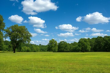 Green meadow with trees and blue sky with clouds, summer landscape