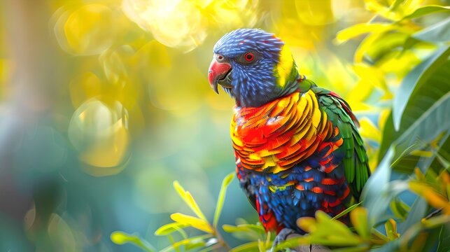 Vibrant Rainbow Lorikeet Perched Among Lush Green Leaves. Capturing Nature's Artistry and Beauty in Wildlife Photography. Perfect for Nature Backgrounds and Colorful Prints. AI