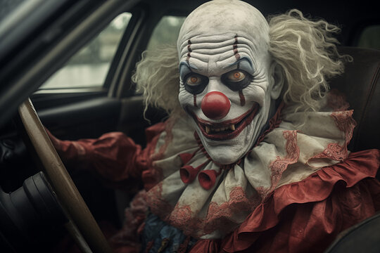 A man dressed as a scary dirty clown, driving a car. In a horror movie environment