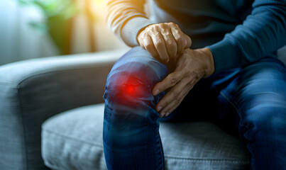 a photo of a man sitting on a couch and holding his knee he is having knee pain the skin on the knee is a light red