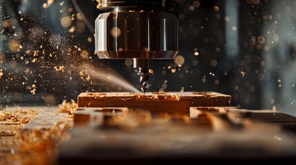 Industrial CNC Machine Cutting Wood, Shavings Flying. Skilled Carpentry Work, Woodworking Equipment in Action. Craftsmanship and Technology Merging. AI - obrazy, fototapety, plakaty