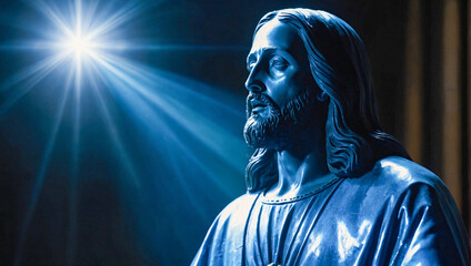 Fototapeta na wymiar Jesus appearing as blue glowing hologram