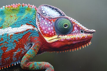 Colorful chameleon close-up on a dark background - obrazy, fototapety, plakaty
