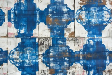 Blue and white pattern on the old wooden wall,  Abstract background