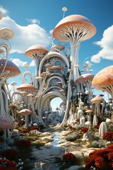 surreal fantasy illustration, abstract organic landscape with a large portal to another world