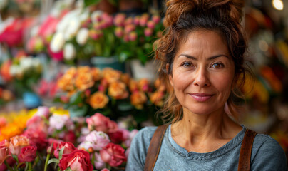 middle-aged brunette woman selling flowers in a flower shop, store owner entrepreneur portrait  - obrazy, fototapety, plakaty