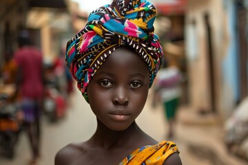 Portrait of a young African woman wearing a headscarf standing in the street - obrazy, fototapety, plakaty