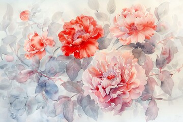 Beautiful watercolor floral background with peony flowers,  Hand-drawn illustration