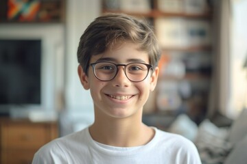 Portrait of a smiling boy with glasses and a white t-shirt - obrazy, fototapety, plakaty