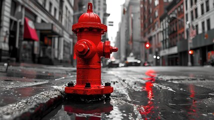 Vibrant red fire hydrant on urban street. Stark contrast with grey tones. City safety and water supply concept. Eye-catching color isolation technique. AI - obrazy, fototapety, plakaty
