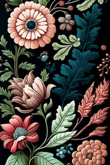 Poster Pastel florar pattern on black background. Summer flowers. Generative AI  © zenobillis