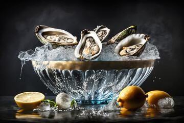 Still life with fresh oysters and lemon. Seafood. Generative AI