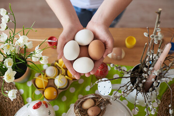 chicken eggs for the holiday of easter in the hands of a child