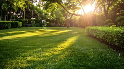 Obraz premium Serene park scene with lush green grass and sun rays at sunset. Perfect for backgrounds or nature themes. Peaceful and refreshing outdoor ambiance. AI