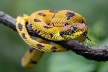 Close up of a yellow viper on a branch in the forest
