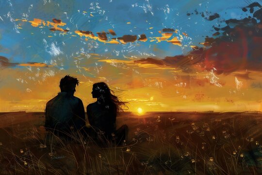 Digital painting of a couple in love on a meadow at sunset