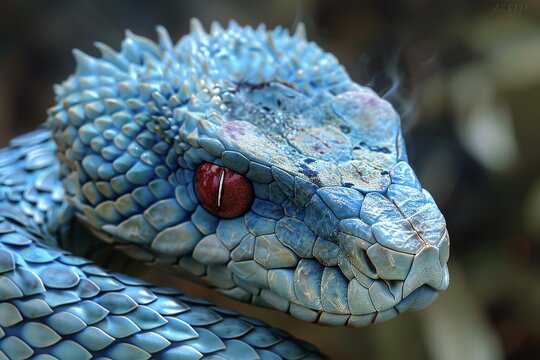 Close up of the head of a blue snake with red eyes
