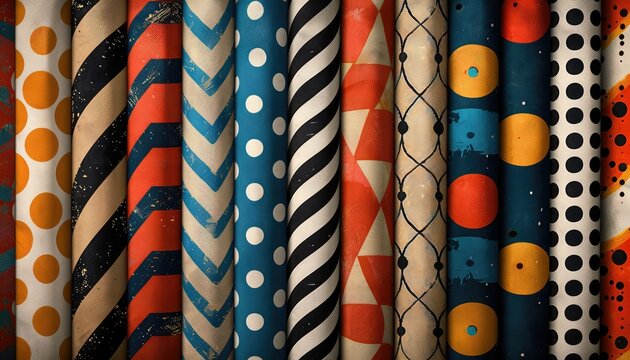 Retro Fabric Pattern, Nostalgic fabric patterns inspired by vintage textiles from the 50s or 60s, featuring retro motifs like polka dots, chevrons, or atomic print
