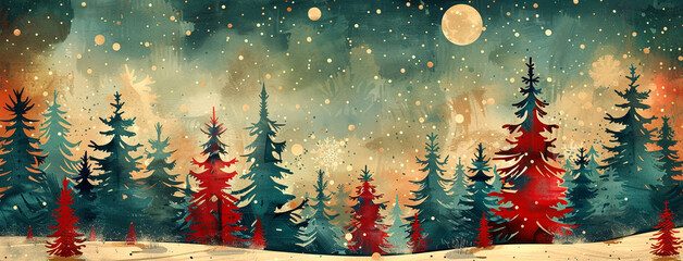 Wide horizontal Xmas wallpaper banner illustration, cute Christmas pine trees landscape with snow, stars at night in winter
