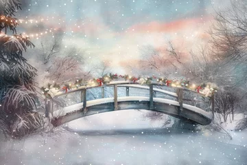 Schilderijen op glas A picturesque snow-covered bridge adorned with garlands, bows, and twinkling lights, against a backdrop of serene winter landscape painted in pastel pink and blue. © Ibraheem