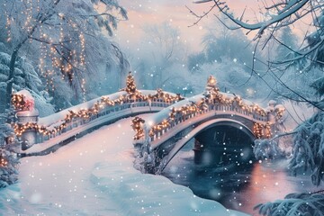 A picturesque snow-covered bridge adorned with garlands, bows, and twinkling lights, against a...