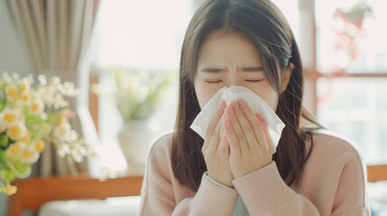 Asian woman sneezing from fever flu cold and allergy with fever sick. - obrazy, fototapety, plakaty