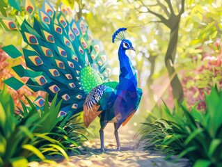 A digital art piece depicting a low poly peacock sculpture set within a serene forest environment merging nature with modern design.