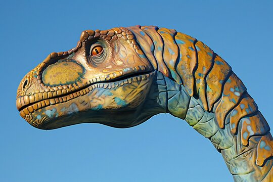 Dinosaur statue on the blue sky background, closeup of photo