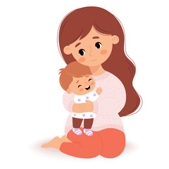 Cute young mother girl tenderly hugs her little child. Vector illustration. Happy character