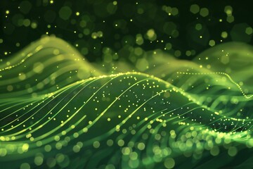  illustration of abstract green background with glowing particles and wave lines