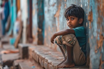 Portrait of a sad little Indian boy sitting in the street.