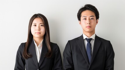 Fototapeta na wymiar portrait of a business person, Japanese man and woman in suits, white background 
