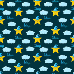 Seamless pattern with cute sleeping star in nightcap on clouds background and lettering sleep. 