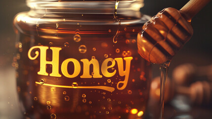 A close-up of a glass jar filled with honey and a wooden dipper. The label on the jar has a yellow background and the word 