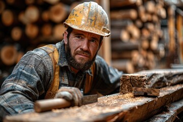 worker on a site, Carpenter in work place background - obrazy, fototapety, plakaty