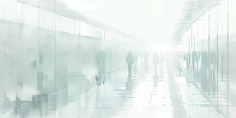 A group of people walking in a large, empty hallway. The hallway is mostly empty, with only a few people visible. The atmosphere is quiet and calm, with the people walking in a straight line - obrazy, fototapety, plakaty
