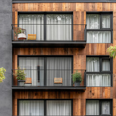 A large building with balconies and wooden siding - obrazy, fototapety, plakaty