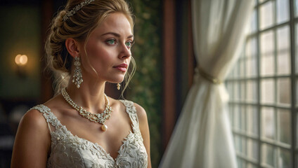 Stunning bride with light blue eyes wearing a beautiful white wedding dress and pearl earrings and necklace