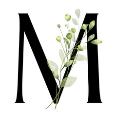 Letter M, floral monogram with watercolor leaf. Letterhead, initial perfectly for wedding invitation, greeting card, logo, poster and other design. Holiday design hand painting.