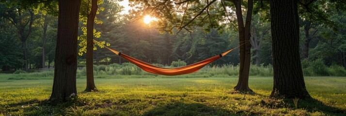 Peaceful Hammock Retreat Between Towering Trees in Lush Summer Forest - obrazy, fototapety, plakaty