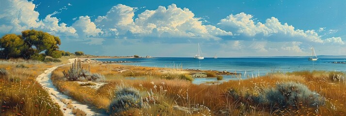 Serene Summer Landscape Painting of Coastal Shoreline with Sailboats and Dramatic Skies