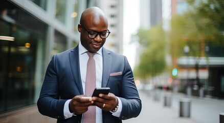 Close-up of an African American businessman in a formal suit with a smartphone