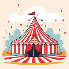 circus tent illustration.  a circus tent stands on the ground, balloons fly in the sky