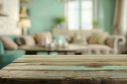 Empty wooden table and blurred background of living room,  For product display