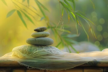 Zen stones on bamboo table with bokeh background, spa concept