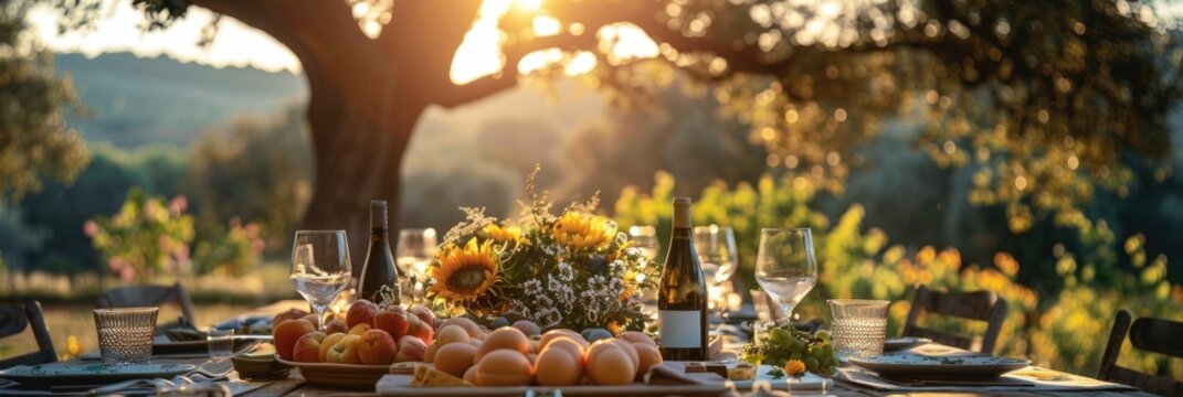 Shaded Outdoor Brunch Setting with Bountiful Produce and Wine Under Canopy of Trees