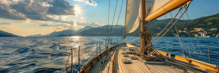 Sailing into the Sunset A Picturesque Voyage on the Open Sea - obrazy, fototapety, plakaty