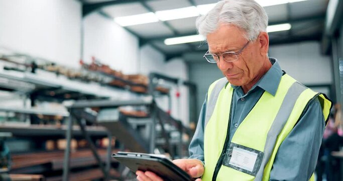 Tablet, search or senior businessman in warehouse for shipping, logistics or distribution. Digital, research or elderly manager with app for supply chain, communication or stock, cargo or procurement