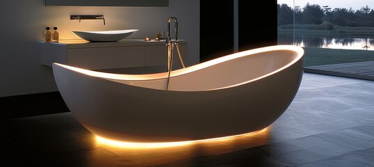 Fototapeta na wymiar Modern bathroom with nighttime lighting showcasing shower, bathtub, mirror, and washstand