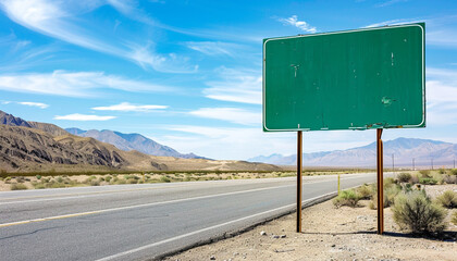 A blank green road sign on the side of an empty desert